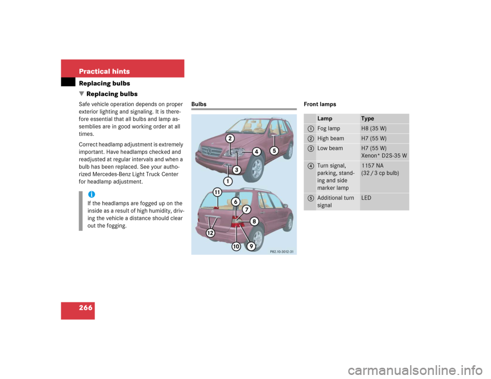 MERCEDES-BENZ ML500 2004 W163 Owners Manual 266 Practical hintsReplacing bulbs
Replacing bulbsSafe vehicle operation depends on proper 
exterior lighting and signaling. It is there-
fore essential that all bulbs and lamp as-
semblies are in go