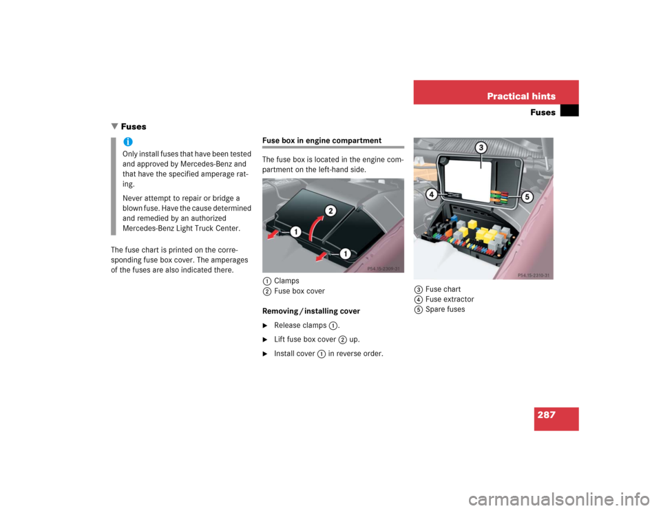 MERCEDES-BENZ ML500 2004 W163 Owners Manual 287 Practical hintsFuses
Fuses
The fuse chart is printed on the corre-
sponding fuse box cover. The amperages 
of the fuses are also indicated there.
Fuse box in engine compartment
The fuse box is lo