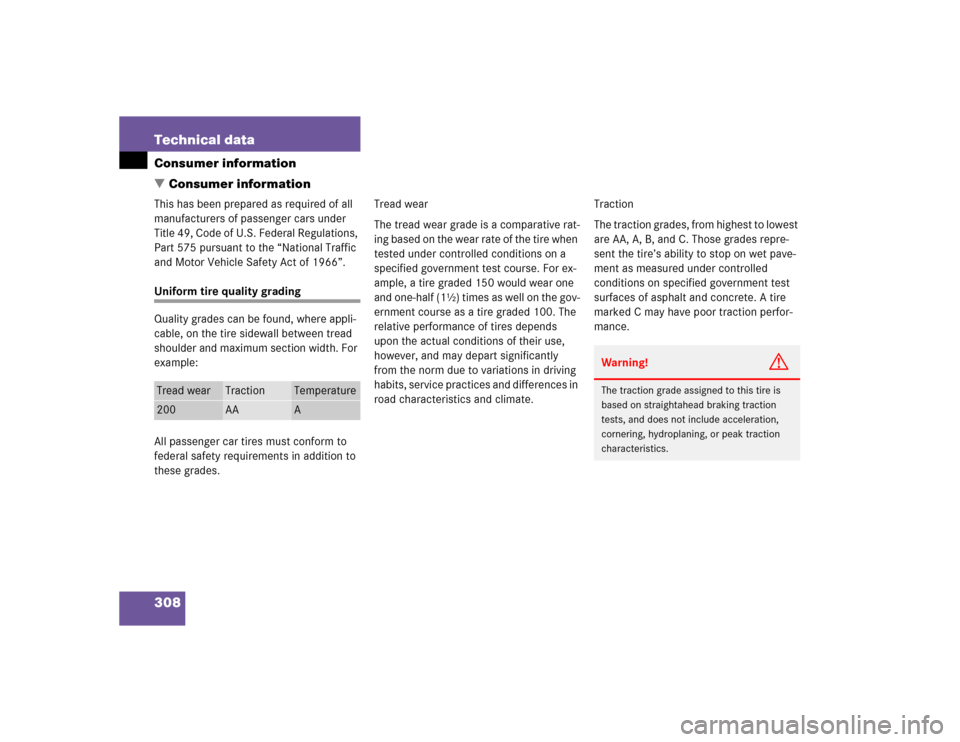 MERCEDES-BENZ ML350 2004 W163 Owners Manual 308 Technical dataConsumer information
Consumer informationThis has been prepared as required of all 
manufacturers of passenger cars under 
Title 49, Code of U.S. Federal Regulations, 
Part 575 purs