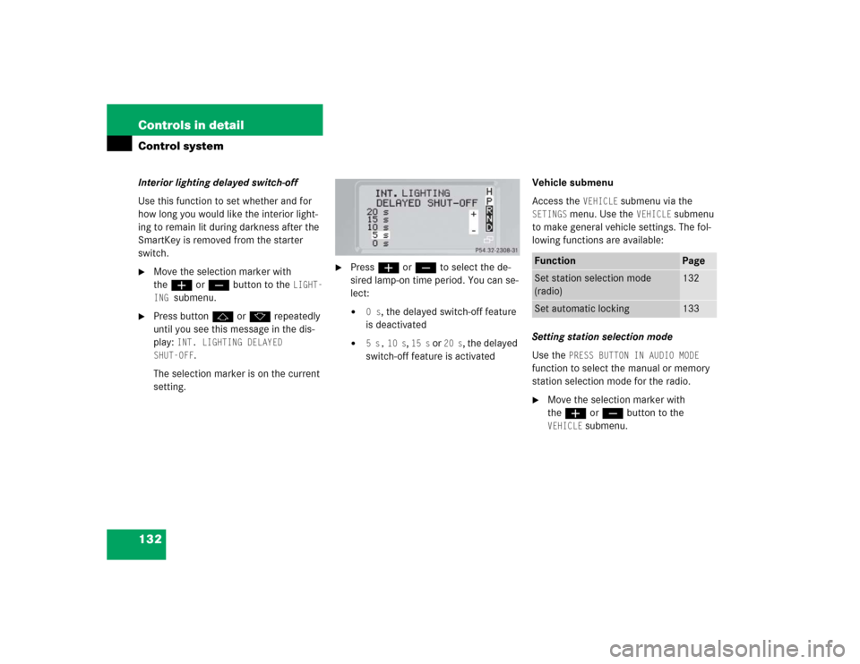 MERCEDES-BENZ G55AMG 2004 W463 Workshop Manual 132 Controls in detailControl systemInterior lighting delayed switch-off
Use this function to set whether and for 
how long you would like the interior light-
ing to remain lit during darkness after t