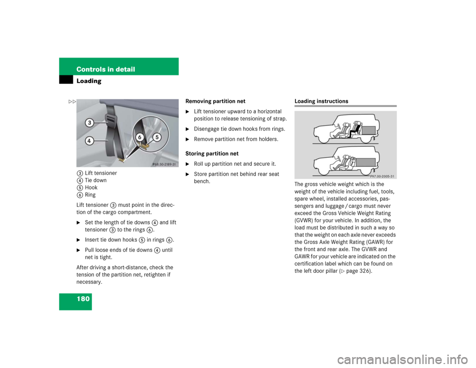 MERCEDES-BENZ G55AMG 2004 W463 Owners Manual 180 Controls in detailLoading3Lift tensioner
4Tie down
5Hook
6Ring
Lift tensioner3 must point in the direc-
tion of the cargo compartment.
Set the length of tie downs4 and lift 
tensioner3 to the rin