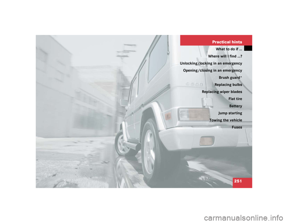 MERCEDES-BENZ G55AMG 2004 W463 Owners Manual 251 Practical hints
What to do if …
Where will I find ...?
Unlocking/locking in an emergency
Opening/closing in an emergency
Brush guard*
Replacing bulbs
Replacing wiper blades
Flat tire
Battery
Jum