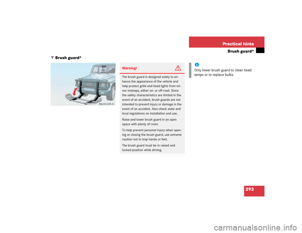 MERCEDES-BENZ G55AMG 2004 W463 Owners Manual 293 Practical hints
Brush guard*
Brush guard*
Warning!
G
The brush guard is designed solely to en-
hance the appearance of the vehicle and 
help protect grille and head lights from mi-
nor mishaps, e