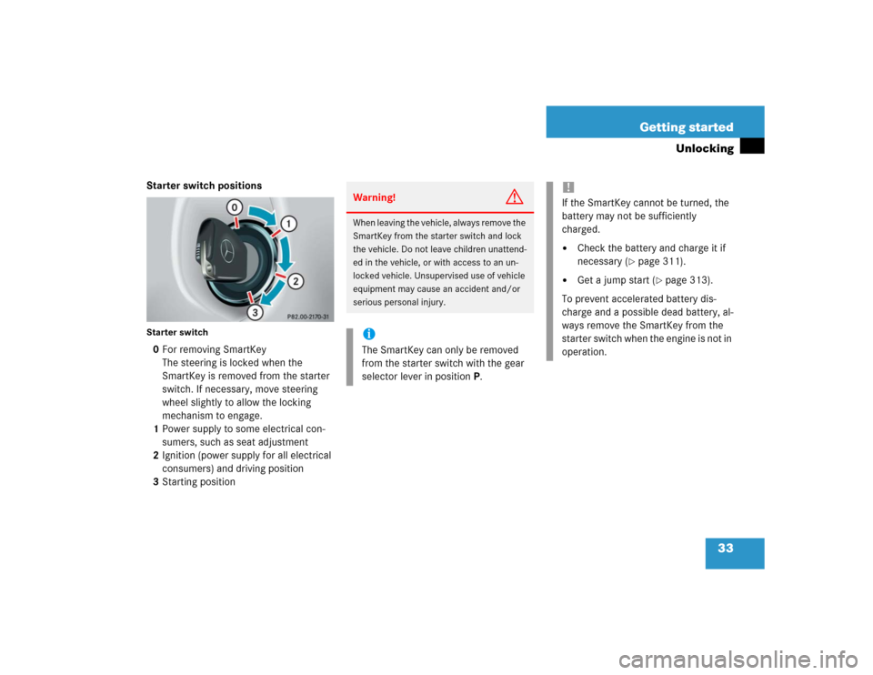 MERCEDES-BENZ G55AMG 2004 W463 Owners Manual 33 Getting started
Unlocking
Starter switch positionsStarter switch0For removing SmartKey
The steering is locked when the 
SmartKey is removed from the starter 
switch. If necessary, move steering 
wh