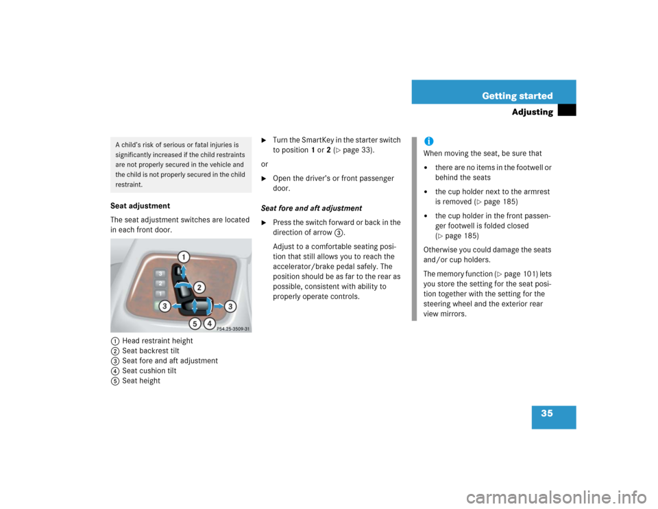 MERCEDES-BENZ G500 2004 W463 Owners Manual 35 Getting started
Adjusting
Seat adjustment
The seat adjustment switches are located 
in each front door.
1Head restraint height
2Seat backrest tilt
3Seat fore and aft adjustment
4Seat cushion tilt
5