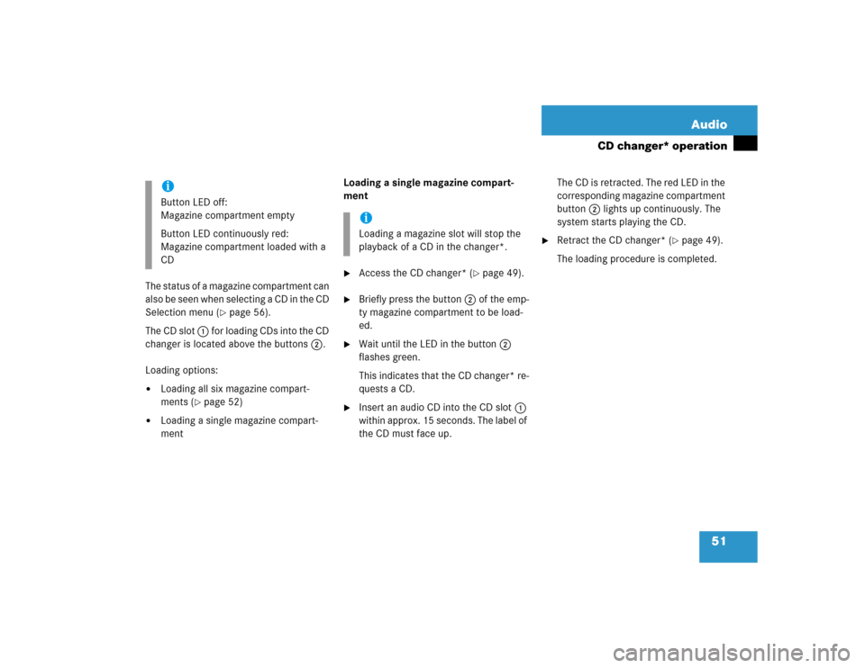 MERCEDES-BENZ E-Class 2004 W211 Comand Manual 51 Audio
CD changer* operation
The status of a magazine compartment can 
also be seen when selecting a CD in the CD 
Selection menu (
page 56).
The CD slot 1 for loading CDs into the CD 
changer is l