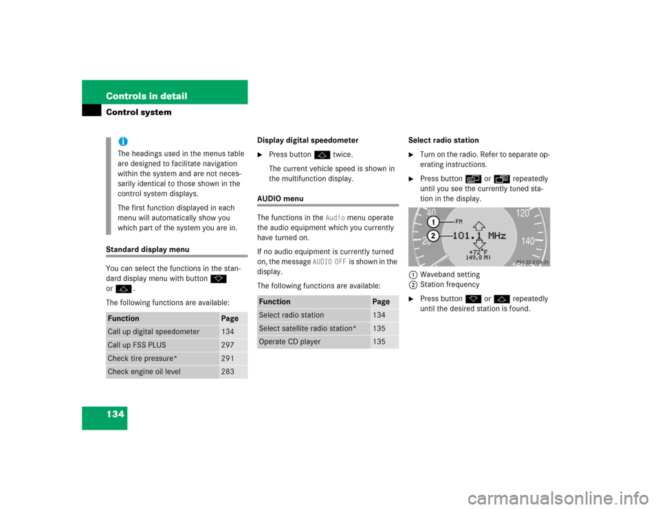 MERCEDES-BENZ E500 2004 W211 Owners Manual 134 Controls in detailControl systemStandard display menu
You can select the functions in the stan-
dard display menu with buttonk 
orj.
The following functions are available:Display digital speedomet