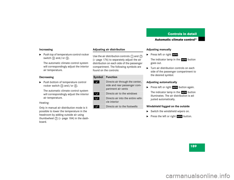 MERCEDES-BENZ E500 2004 W211 Owners Manual 189 Controls in detail
Automatic climate control*
Increasing
Push top of temperature control rocker 
switch3 and / or5.
The automatic climate control system 
will correspondingly adjust the interior 