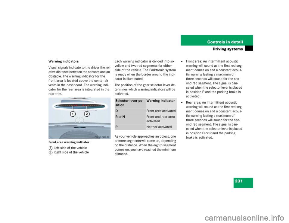 MERCEDES-BENZ E500 2004 W211 Owners Manual 231 Controls in detail
Driving systems
Warning indicators
Visual signals indicate to the driver the rel-
ative distance between the sensors and an 
obstacle. The warning indicator for the 
front area 