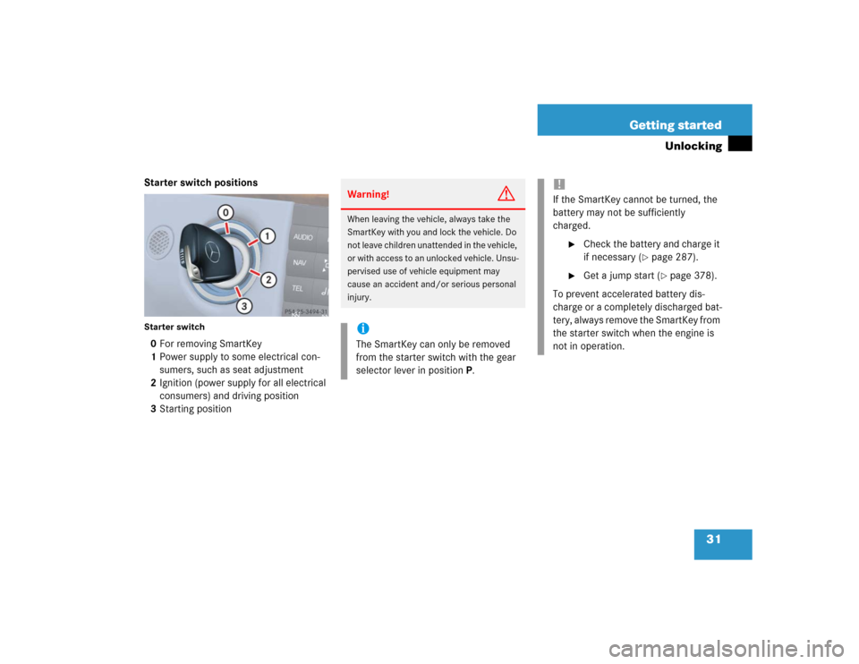 MERCEDES-BENZ E500 2004 W211 Owners Manual 31 Getting started
Unlocking
Starter switch positionsStarter switch0For removing SmartKey
1Power supply to some electrical con-
sumers, such as seat adjustment
2Ignition (power supply for all electric