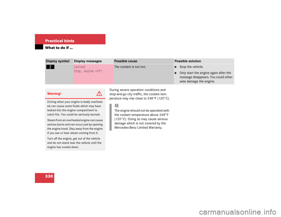 MERCEDES-BENZ E320 2004 W211 Owners Manual 330 Practical hintsWhat to do if …
During severe operation conditions and 
stop-and-go city traffic, the coolant tem-
perature may rise close to 248°F (120°C).
Display symbol
Display messages
Poss