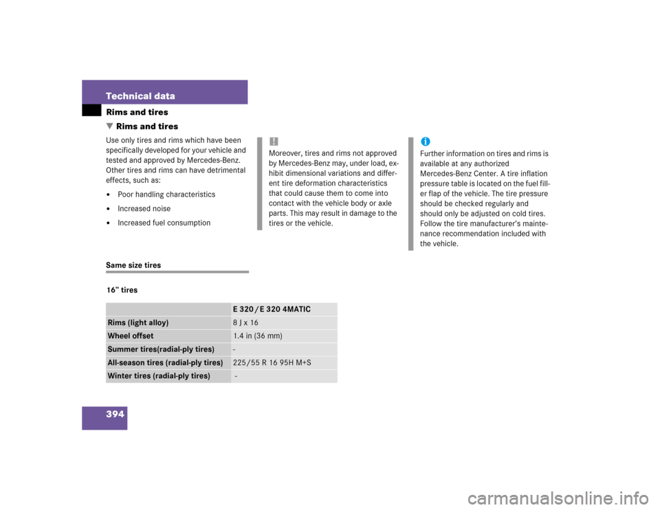 MERCEDES-BENZ E320 2004 W211 Owners Manual 394 Technical dataRims and tires
Rims and tiresUse only tires and rims which have been 
specifically developed for your vehicle and 
tested and approved by Mercedes-Benz. 
Other tires and rims can ha