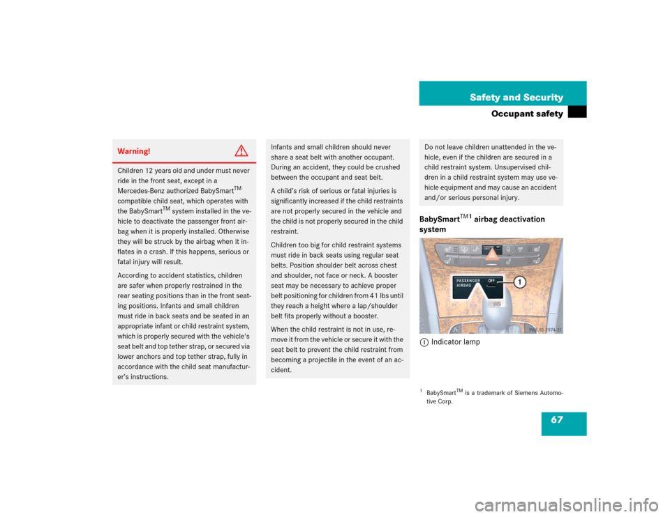MERCEDES-BENZ E500 2004 W211 Owners Manual 67 Safety and Security
Occupant safety
BabySmart
TM1
 airbag deactivation 
system
1Indicator lamp
Warning!
G
Children 12 years old and under must never 
ride in the front seat, except in a 
Mercedes-B