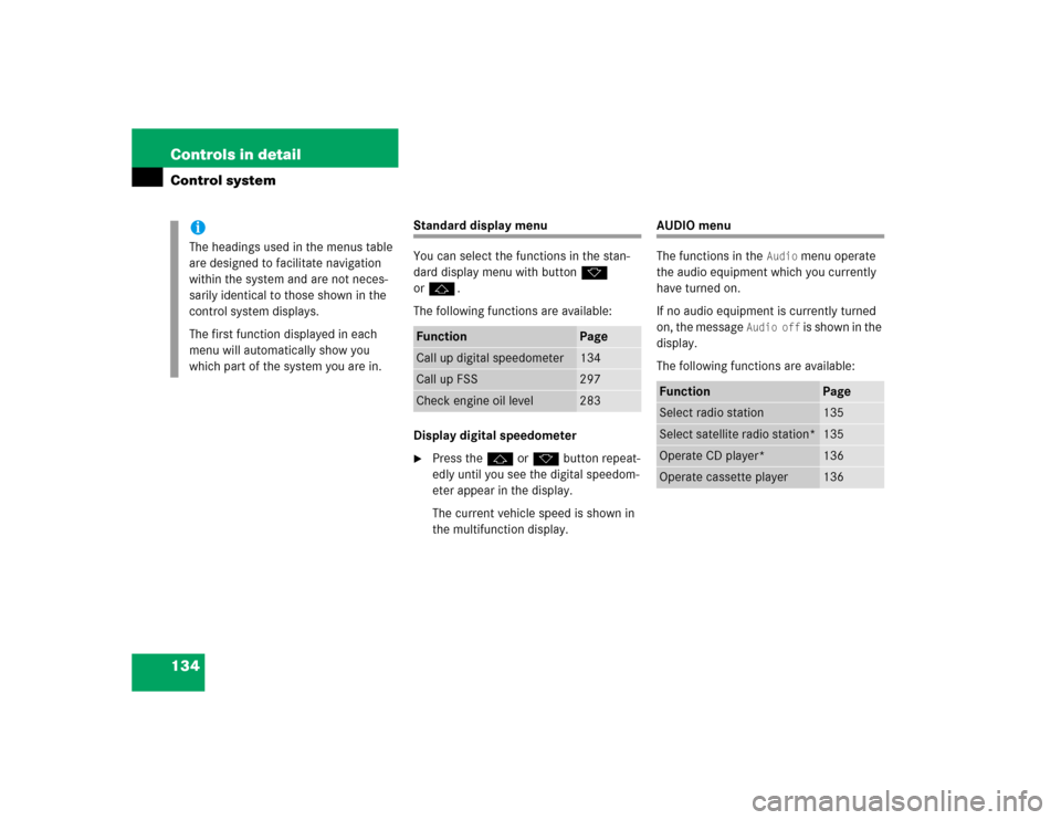 MERCEDES-BENZ CLK500 COUPE 2004 C209 Owners Manual 134 Controls in detailControl system
Standard display menu
You can select the functions in the stan-
dard display menu with buttonk 
orj.
The following functions are available:
Display digital speedom