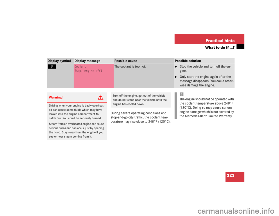 MERCEDES-BENZ CLK500 COUPE 2004 C209 Owners Manual 323 Practical hints
What to do if …?
During severe operating conditions and 
stop-and-go city traffic, the coolant tem-
perature may rise close to 248°F (120°C).
Display symbol
Display message
Pos