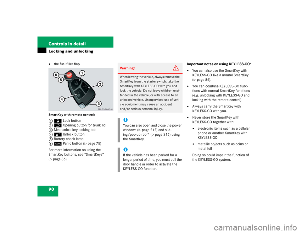 MERCEDES-BENZ CLK500 COUPE 2004 C209 Owners Manual 90 Controls in detailLocking and unlocking
the fuel filler flap
SmartKey with remote controls1‹ Lock button
2Š Opening button for trunk lid
3Mechanical key locking tab
4Œ Unlock button
5Battery c