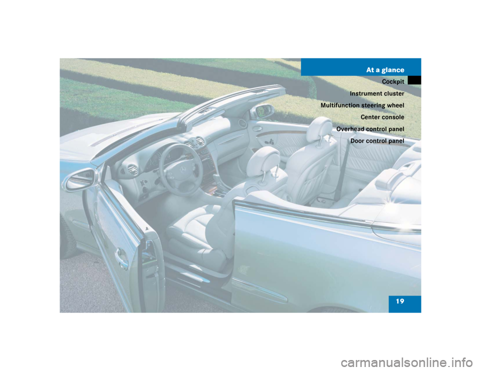 MERCEDES-BENZ CLK500 CABRIOLET 2004 A209 User Guide 19 At a glance
Cockpit
Instrument cluster
Multifunction steering wheel
Center console
Overhead control panel
Door control panel 
