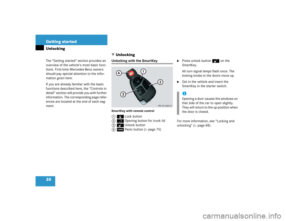 MERCEDES-BENZ CLK500 CABRIOLET 2004 A209 Owners Manual 30 Getting startedUnlocking
The “Getting started” section provides an 
overview of the vehicle’s most basic func-
tions. First-time Mercedes-Benz owners 
should pay special attention to the inf
