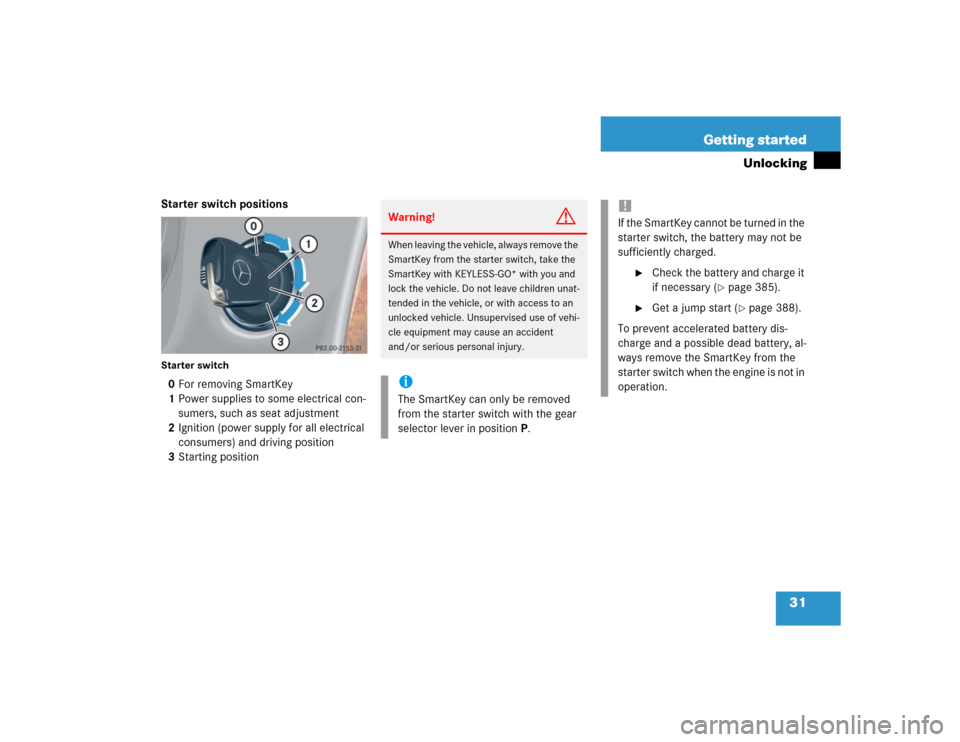 MERCEDES-BENZ CLK500 CABRIOLET 2004 A209 Owners Guide 31 Getting started
Unlocking
Starter switch positionsStarter switch0For removing SmartKey
1Power supplies to some electrical con-
sumers, such as seat adjustment
2Ignition (power supply for all electr