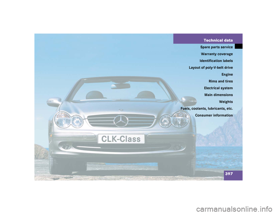 MERCEDES-BENZ CLK55AMG CABRIOLET 2004 A209 Owners Manual 397 Technical data
Spare parts service
Warranty coverage
Identification labels
Layout of poly-V-belt drive
Engine
Rims and tires
Electrical system
Main dimensions
Weights
Fuels, coolants, lubricants, 