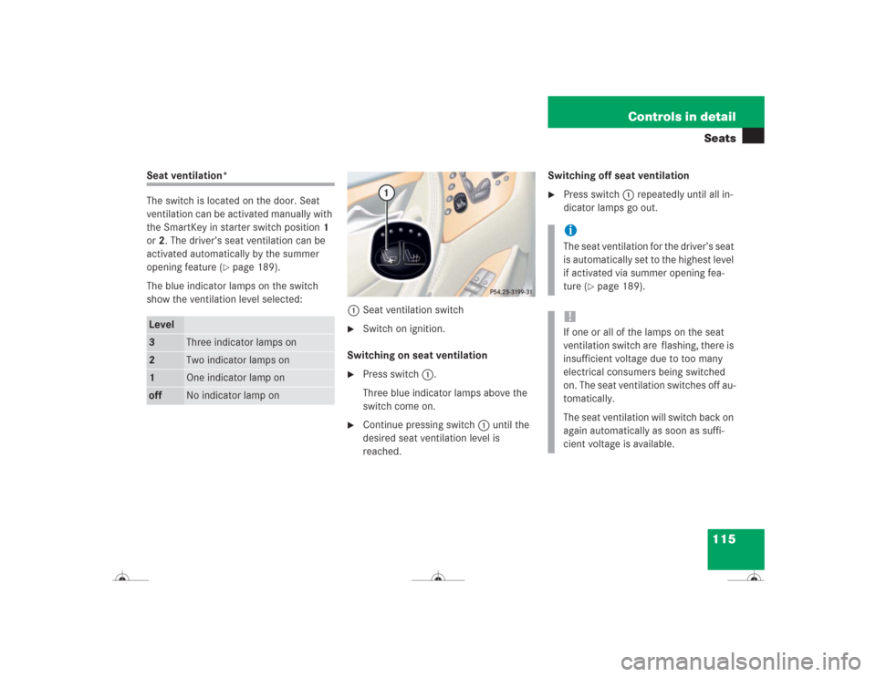 MERCEDES-BENZ CL600 2004 C215 Owners Manual 115 Controls in detailSeats
Seat ventilation*
The switch is located on the door. Seat 
ventilation can be activated manually with 
the SmartKey in starter switch position 1 
or 2. The driver’s seat 