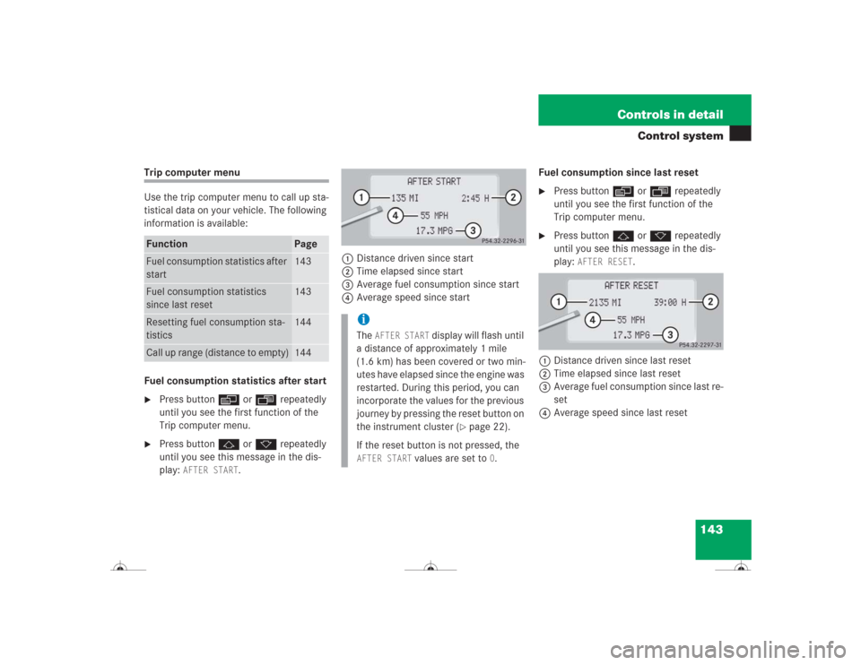 MERCEDES-BENZ CL500 2004 C215 Owners Manual 143 Controls in detail
Control system
Trip computer menu
Use the trip computer menu to call up sta-
tistical data on your vehicle. The following 
information is available:
Fuel consumption statistics 
