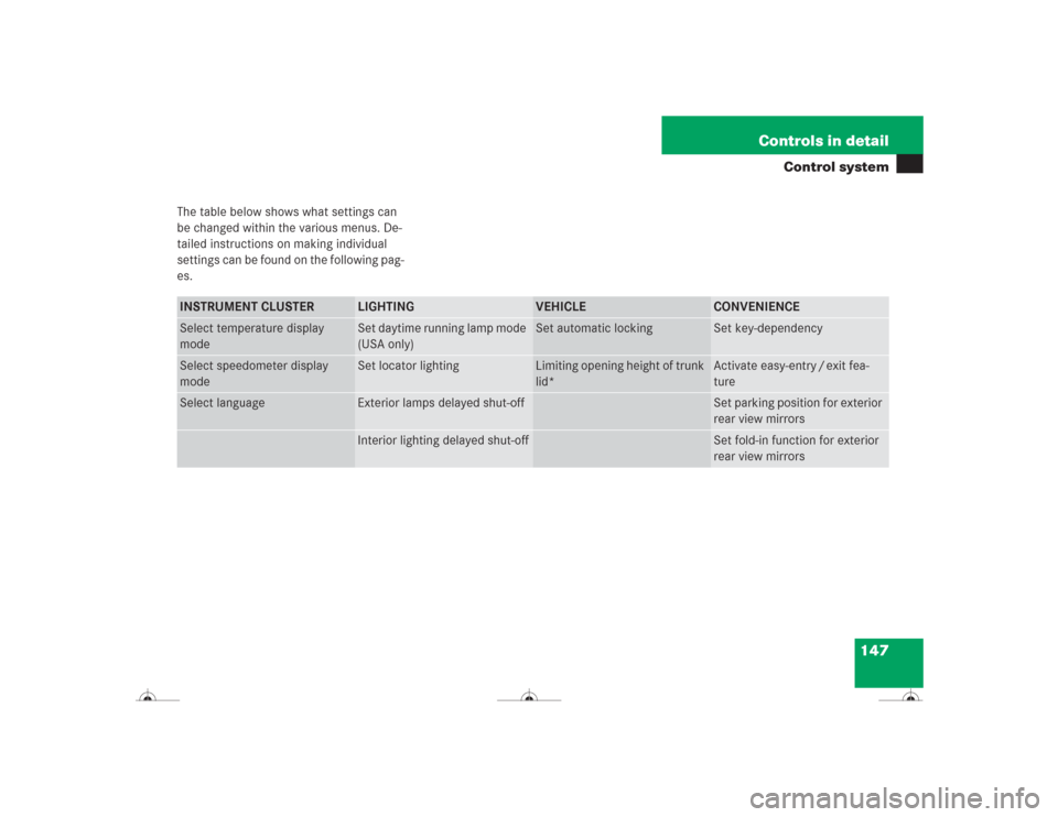 MERCEDES-BENZ CL600 2004 C215 Owners Manual 147 Controls in detail
Control system
The table below shows what settings can 
be changed within the various menus. De-
tailed instructions on making individual 
settings can be found on the following