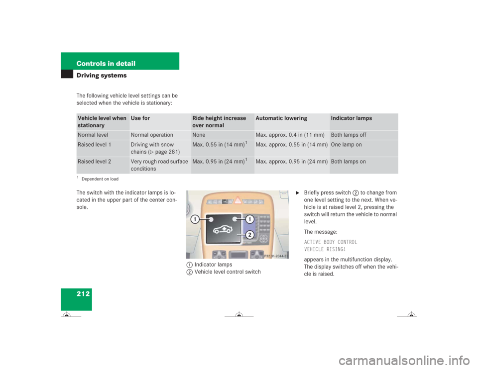 MERCEDES-BENZ CL500 2004 C215 Owners Manual 212 Controls in detailDriving systemsThe following vehicle level settings can be 
selected when the vehicle is stationary:
The switch with the indicator lamps is lo-
cated in the upper part of the cen