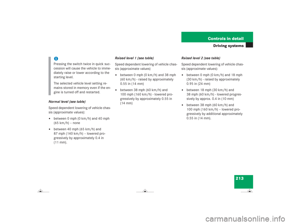 MERCEDES-BENZ CL500 2004 C215 Owners Manual 213 Controls in detail
Driving systems
Normal level (see table)
Speed dependent lowering of vehicle chas-
sis (approximate values):
between 0 mph (0 km/h) and 40 mph 
(65 km/h) – none

between 40 