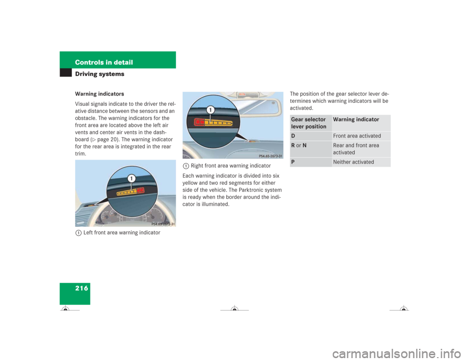 MERCEDES-BENZ CL500 2004 C215 Owners Manual 216 Controls in detailDriving systemsWarning indicators
Visual signals indicate to the driver the rel-
ative distance between the sensors and an 
obstacle. The warning indicators for the 
front area a