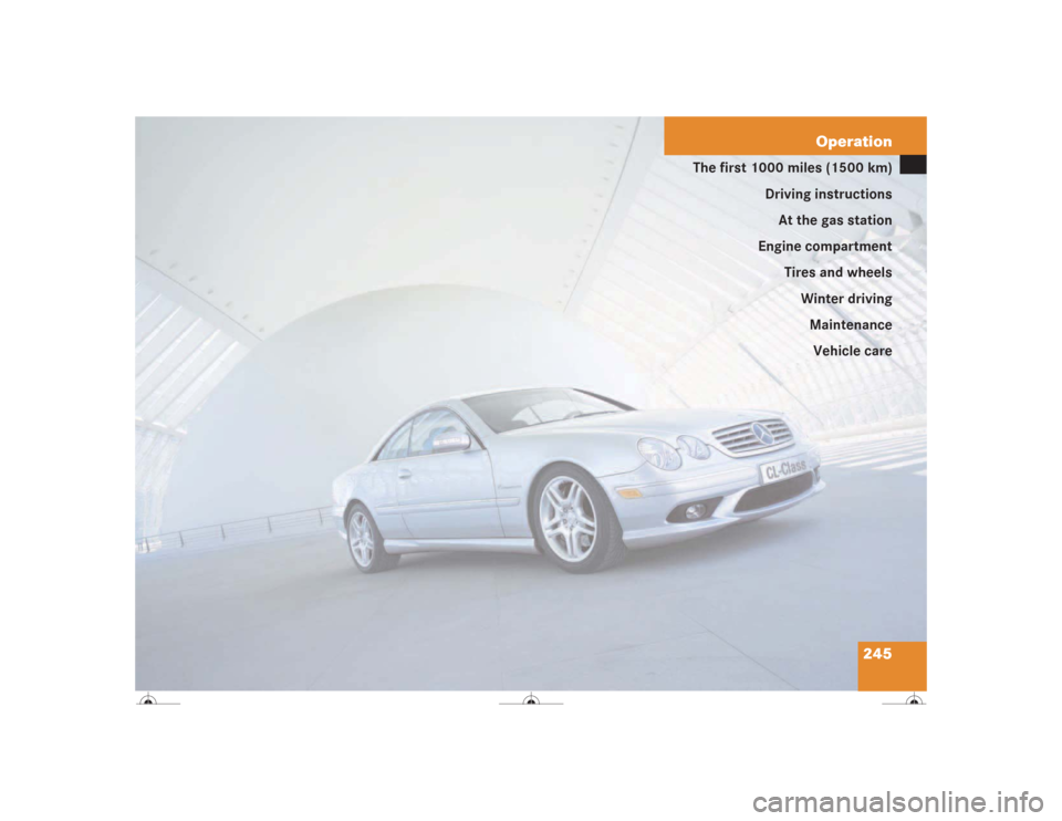 MERCEDES-BENZ CL500 2004 C215 Owners Manual 245 Operation
The first 1000 miles (1500 km)
Driving instructions
At the gas station
Engine compartment
Tires and wheels
Winter driving
Maintenance
Vehicle care 
