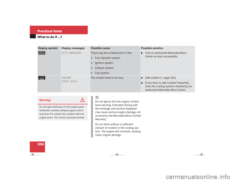 MERCEDES-BENZ CL600 2004 C215 Owners Manual 306 Practical hintsWhat to do if …?Display symbol
Display messages
Possible cause
Possible solution
?
VISIT WORKSHOP!
There may be a malfunction in the:
Fuel injection system

Ignition system

Ex