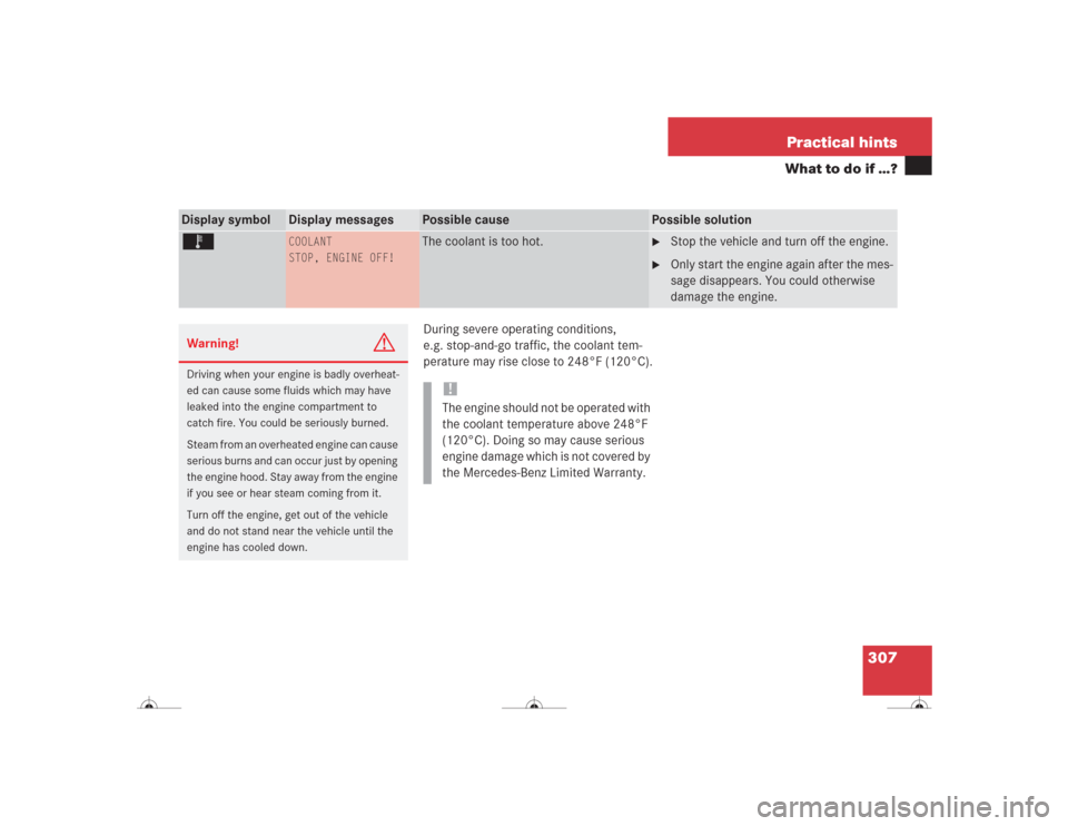 MERCEDES-BENZ CL500 2004 C215 Owners Manual 307 Practical hints
What to do if …?
During severe operating conditions, 
e.g. stop-and-go traffic, the coolant tem-
perature may rise close to 248°F (120°C).
Display symbol
Display messages
Possi