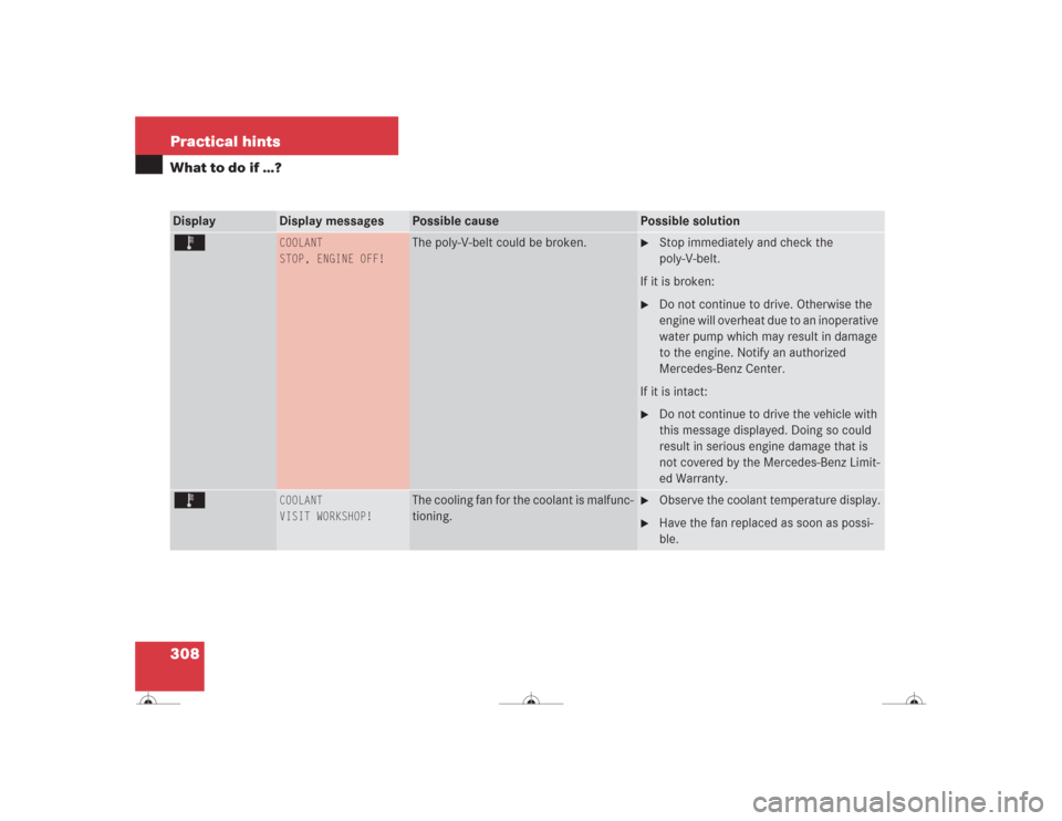 MERCEDES-BENZ CL500 2004 C215 Owners Manual 308 Practical hintsWhat to do if …?Display
Display messages
Possible cause
Possible solution
Ï 
COOLANT
STOP, ENGINE OFF!
The poly-V-belt could be broken.

Stop immediately and check the 
poly-V-b