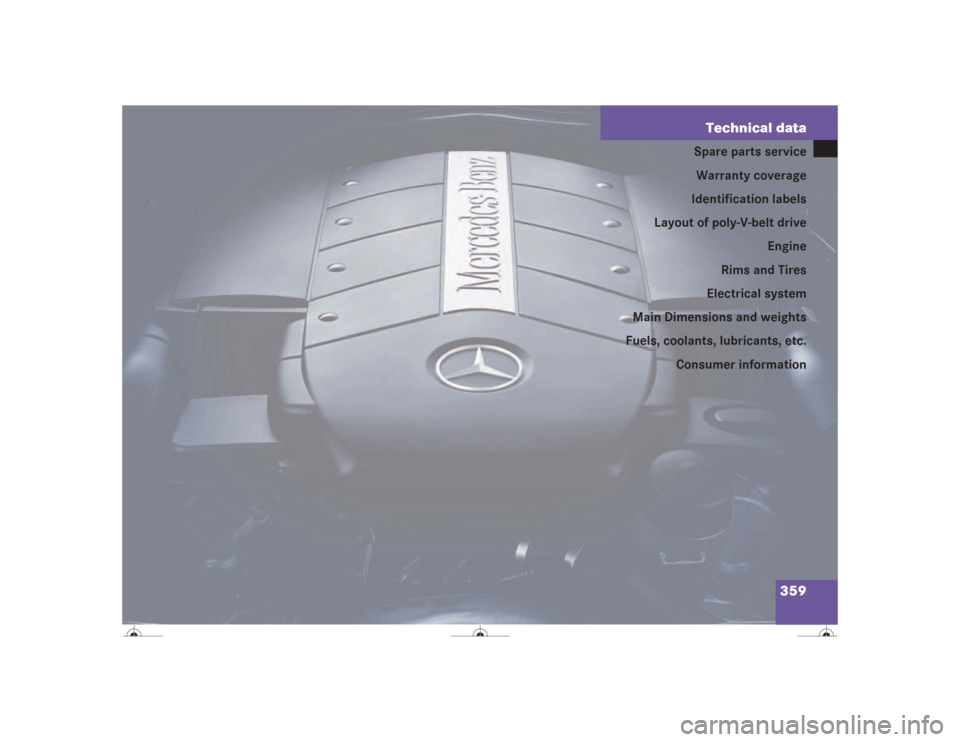 MERCEDES-BENZ CL55AMG 2004 C215 Owners Manual 359 Technical data
Spare parts service
Warranty coverage
Identification labels
Layout of poly-V-belt drive
Engine
Rims and Tires
Electrical system
Main Dimensions and weights
Fuels, coolants, lubrican