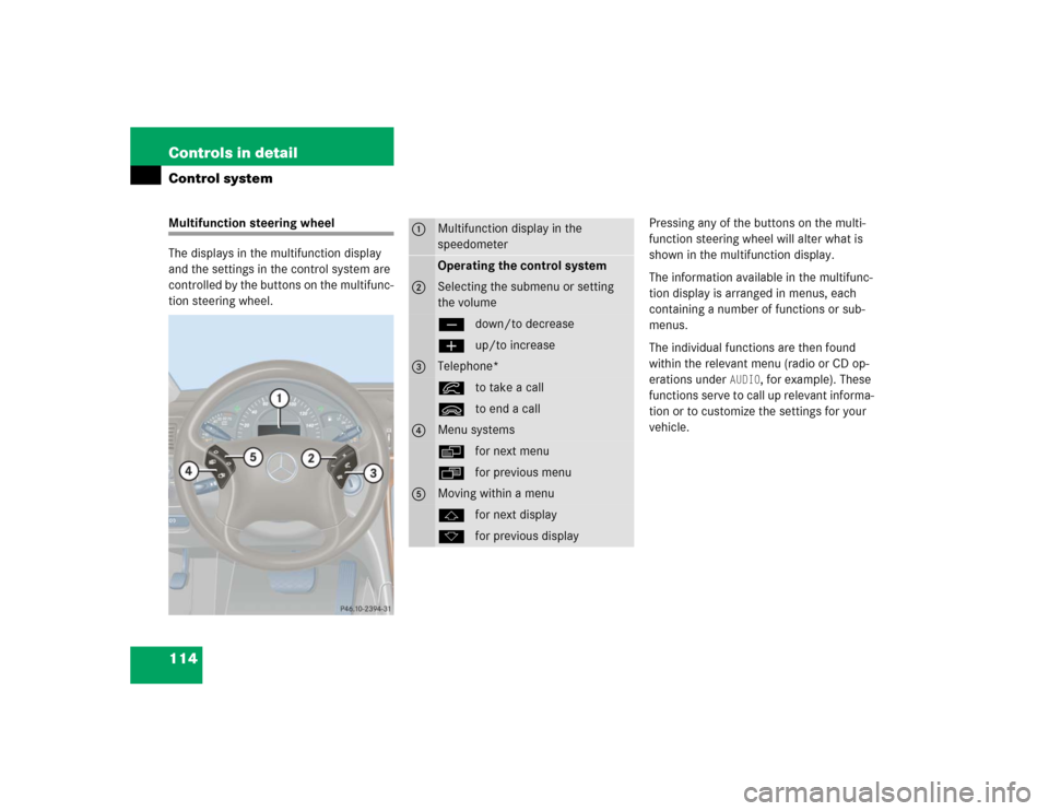 MERCEDES-BENZ C320 2004 W203 Owners Manual 114 Controls in detailControl systemMultifunction steering wheel
The displays in the multifunction display 
and the settings in the control system are 
controlled by the buttons on the multifunc-
tion