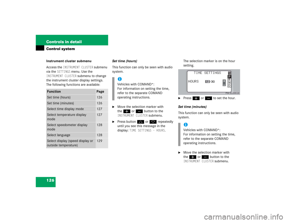 MERCEDES-BENZ C240 4MATIC 2004 W203 Owners Manual 126 Controls in detailControl systemInstrument cluster submenu
Access the 
INSTRUMENT CLUSTER
 submenu 
via the 
SETTINGS
 menu. Use the 
INSTRUMENT CLUSTER
 submenu to change 
the instrument cluster 