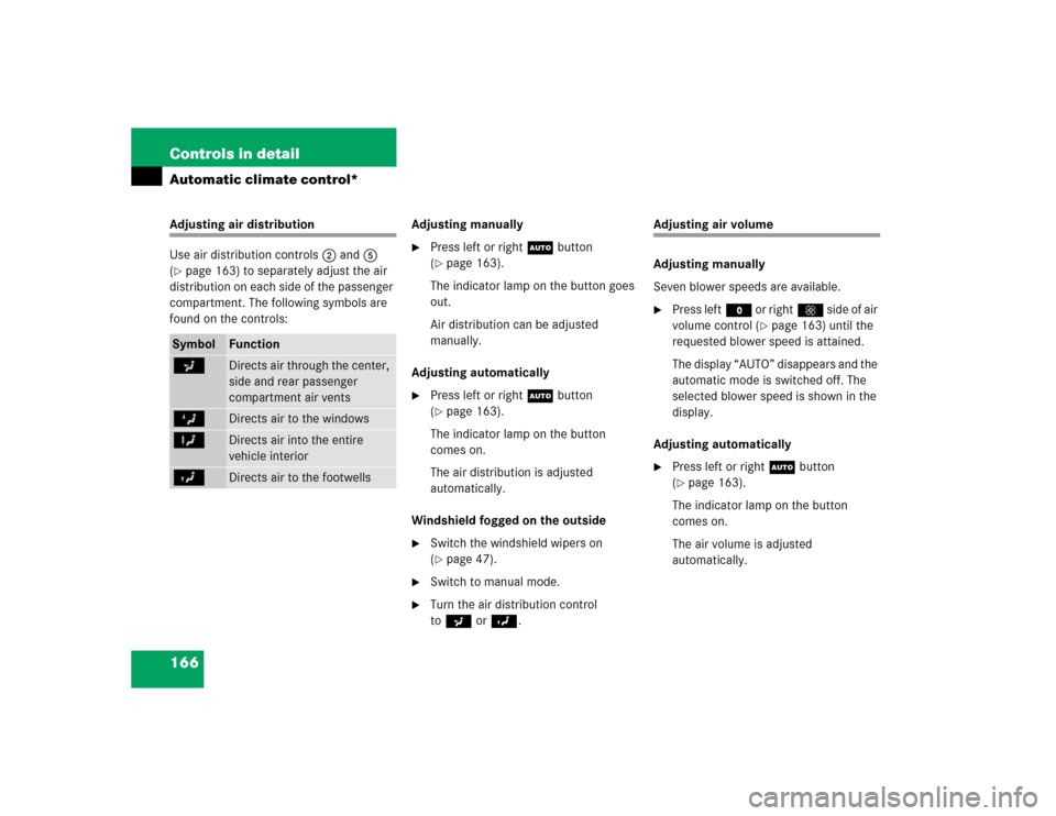 MERCEDES-BENZ C320 2004 W203 Owners Manual 166 Controls in detailAutomatic climate control*Adjusting air distribution
Use air distribution controls2 and5 
(page 163) to separately adjust the air 
distribution on each side of the passenger 
co