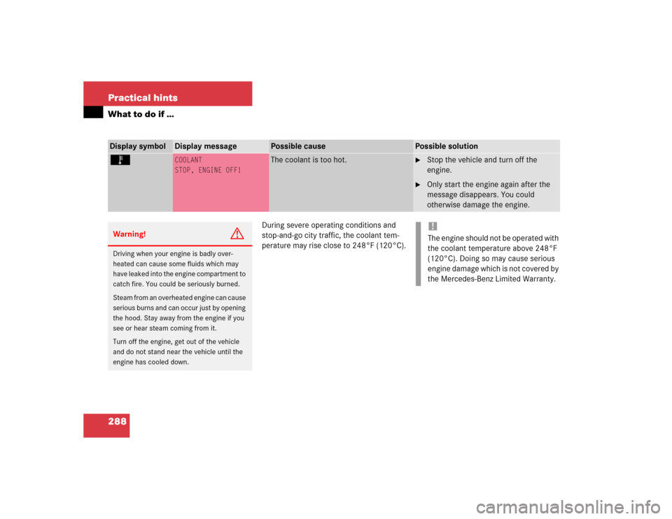MERCEDES-BENZ C320 2004 W203 Owners Manual 288 Practical hintsWhat to do if …
During severe operating conditions and 
stop-and-go city traffic, the coolant tem-
perature may rise close to 248°F (120°C).
Display symbol
Display message
Possi