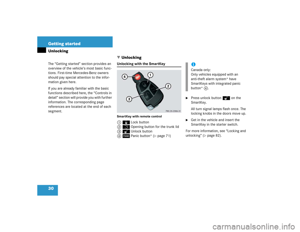 MERCEDES-BENZ C240 4MATIC 2004 W203 Owners Manual 30 Getting startedUnlocking
The “Getting started” section provides an 
overview of the vehicle’s most basic func-
tions. First-time Mercedes-Benz owners 
should pay special attention to the inf