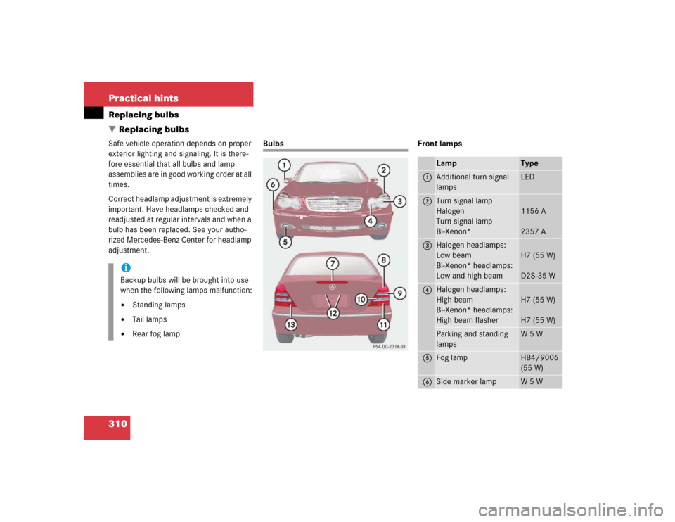 MERCEDES-BENZ C320 2004 W203 Owners Manual 310 Practical hintsReplacing bulbs
Replacing bulbsSafe vehicle operation depends on proper 
exterior lighting and signaling. It is there-
fore essential that all bulbs and lamp 
assemblies are in goo