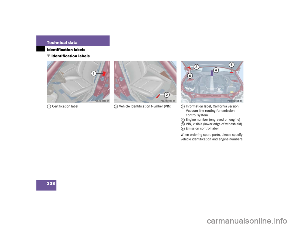 MERCEDES-BENZ C240 4MATIC 2004 W203 Owners Manual 338 Technical dataIdentification labels
Identification labels1Certification label2Vehicle Identification Number (VIN)3Information label, California version 
Vacuum line routing for emission 
control 