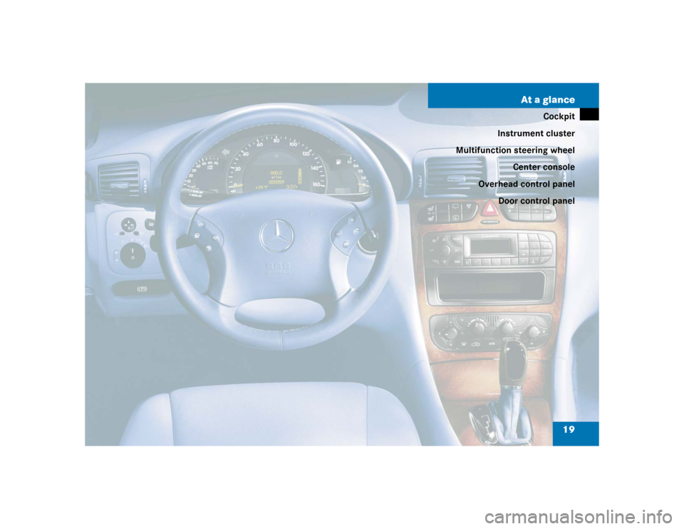 MERCEDES-BENZ C240 4MATIC WAGON 2004 S203 User Guide 19 At a glance
Cockpit
Instrument cluster
Multifunction steering wheel
Center console
Overhead control panel
Door control panel 