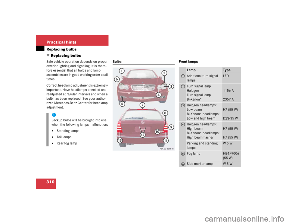 MERCEDES-BENZ C240 4MATIC WAGON 2004 S203 Owners Manual 310 Practical hintsReplacing bulbs
Replacing bulbsSafe vehicle operation depends on proper 
exterior lighting and signaling. It is there-
fore essential that all bulbs and lamp 
assemblies are in goo