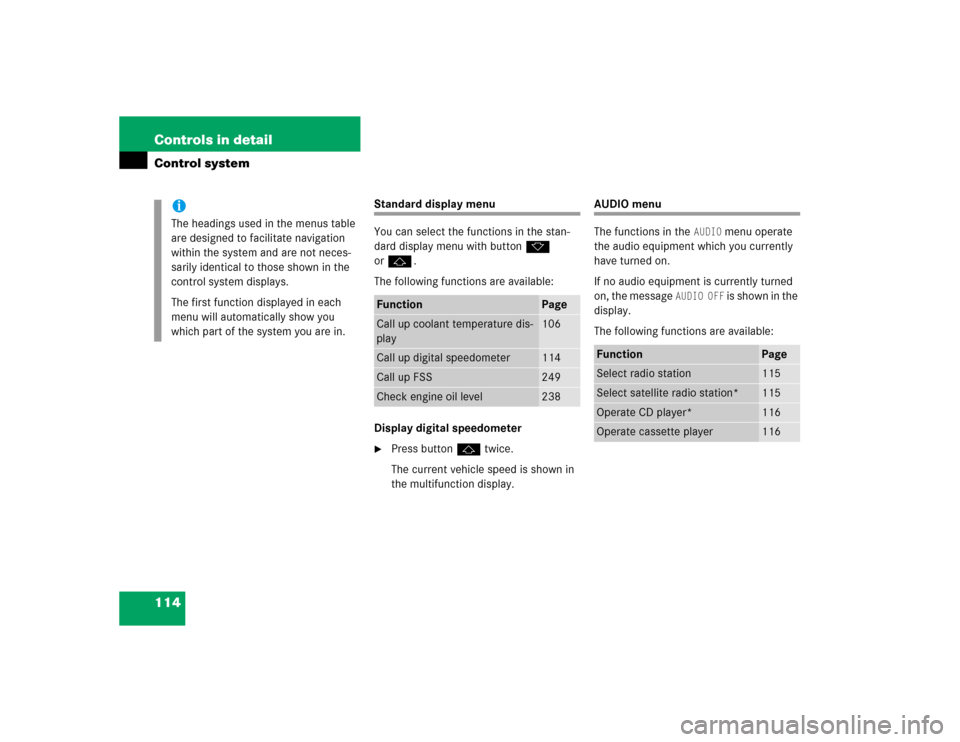 MERCEDES-BENZ C230 KOMPRESSOR COUPE 2004 CL203 Owners Manual 114 Controls in detailControl system
Standard display menu
You can select the functions in the stan-
dard display menu with buttonk 
orj.
The following functions are available:
Display digital speedom