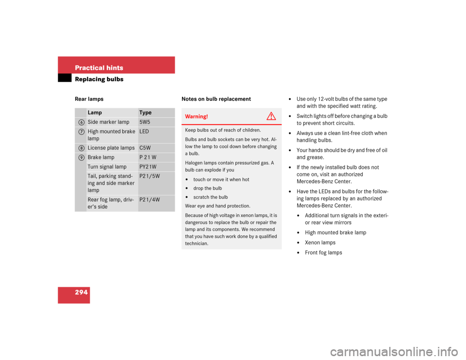 MERCEDES-BENZ C320 COUPE 2004 CL203 Owners Manual 294 Practical hintsReplacing bulbsRear lamps Notes on bulb replacement

Use only 12-volt bulbs of the same type 
and with the specified watt rating. 

Switch lights off before changing a bulb 
to pr