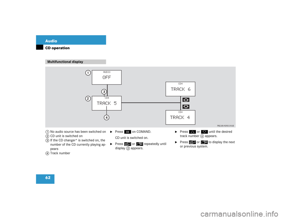 MERCEDES-BENZ C-Class 2004 W203 Comand Manual 62 AudioCD operation1No audio source has been switched on
2CD unit is switched on
3If the CD changer* is switched on, the 
number of the CD currently playing ap-
pears
4Track number

Press d on COMAN