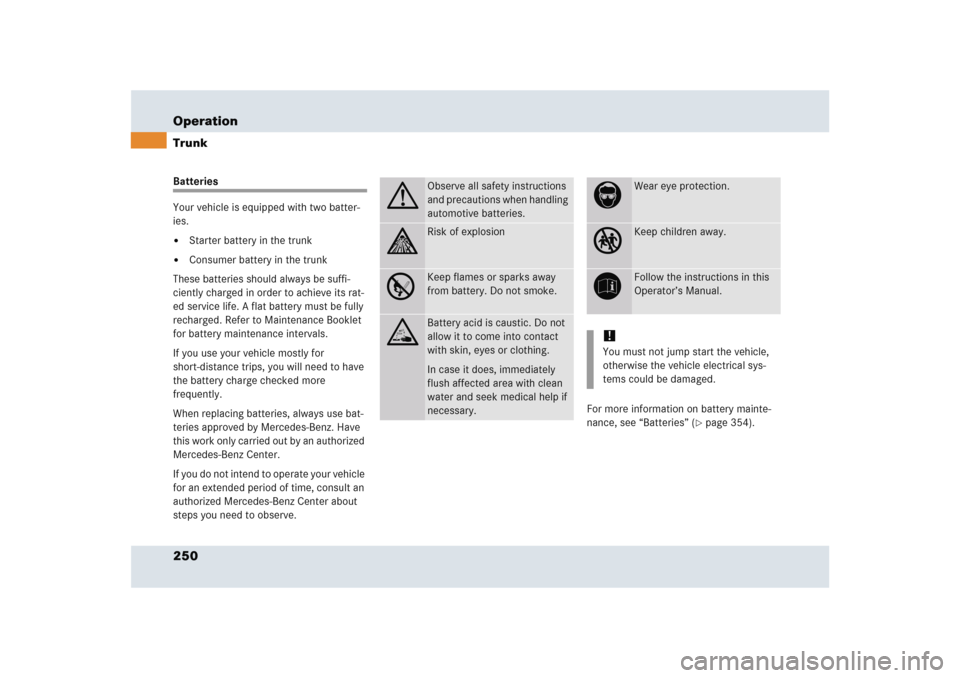 MERCEDES-BENZ SLR 2005 R199 Owners Manual 250 OperationTrunkBatteries
Your vehicle is equipped with two batter-
ies.
Starter battery in the trunk

Consumer battery in the trunk
These batteries should always be suffi-
ciently charged in orde