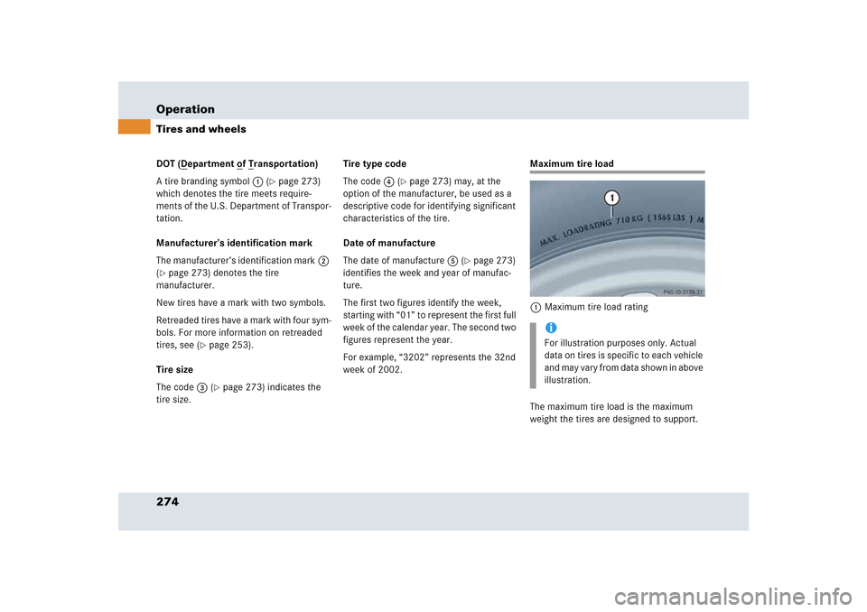 MERCEDES-BENZ SLR 2005 R199 Owners Manual 274 OperationTires and wheelsDOT (D
epartment o
f T
ransportation)
A tire branding symbol1 (
page 273) 
which denotes the tire meets require-
ments of the U.S. Department of Transpor-
tation. 
Manufa