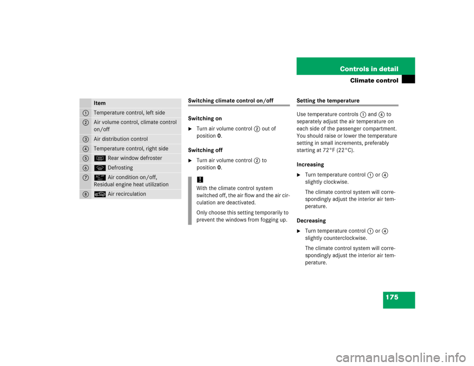 MERCEDES-BENZ SLK350 2005 R171 Owners Manual 175 Controls in detail
Climate control
Switching climate control on/off
Switching on
Turn air volume control2 out of 
position0.
Switching off

Turn air volume control2 to 
position0.
Setting the te